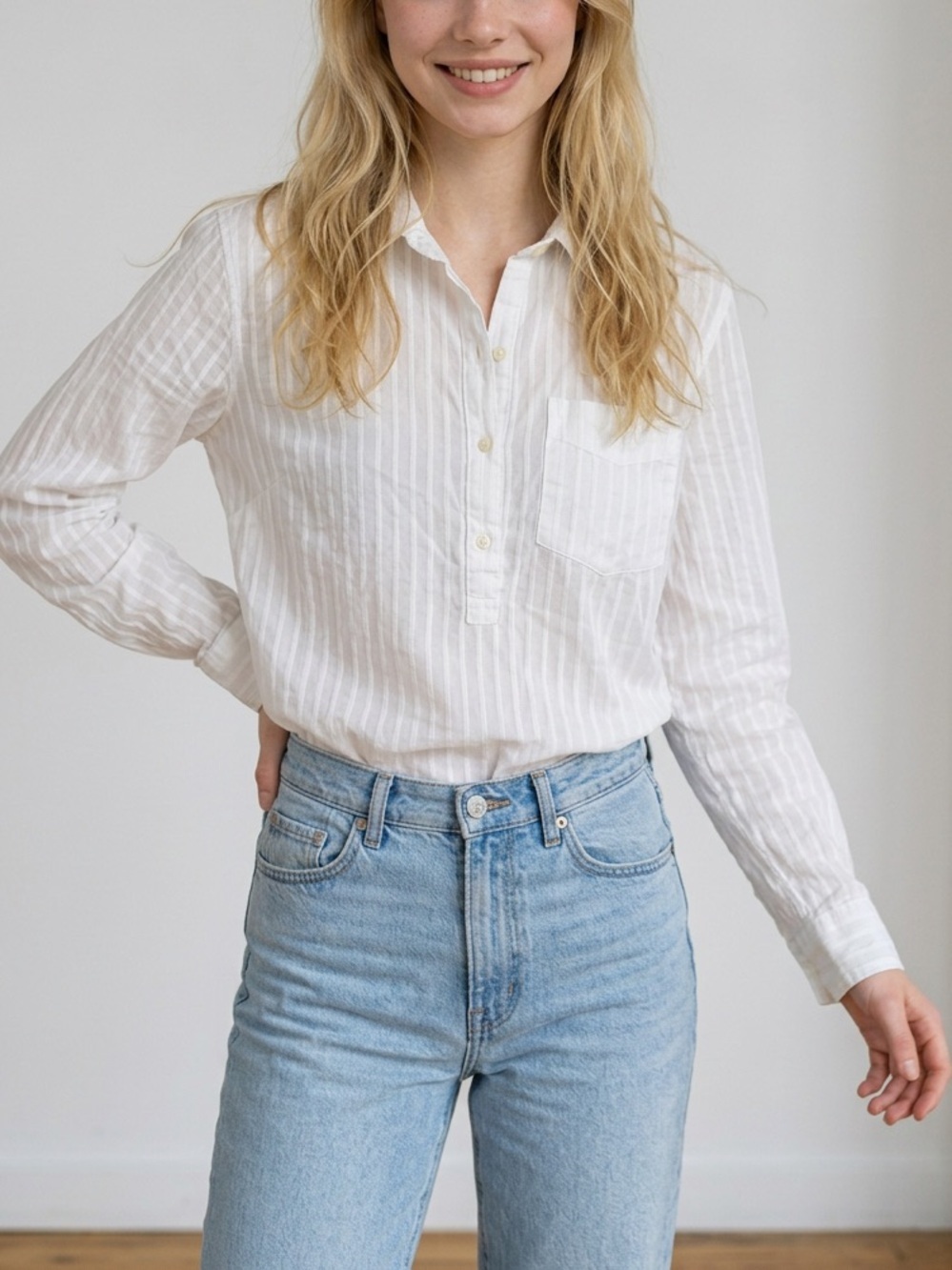 NWT Gap Small Women’s White Striped Button-Front Long Sleeve Top 100% Cotton